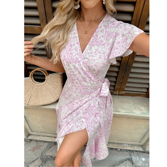 Boho Pink on White Floral V neck Ruffle Midi Dress Wrap Style Short Sleeve - Picture 4 of 9
